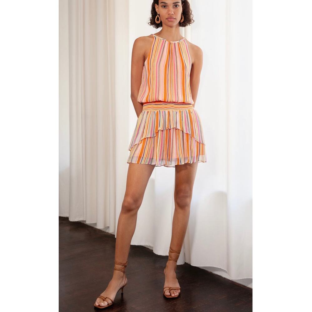 Ramy Brook Tobie Striped Smocked Waist Sleeveless Orange Multicolor Mini Dress